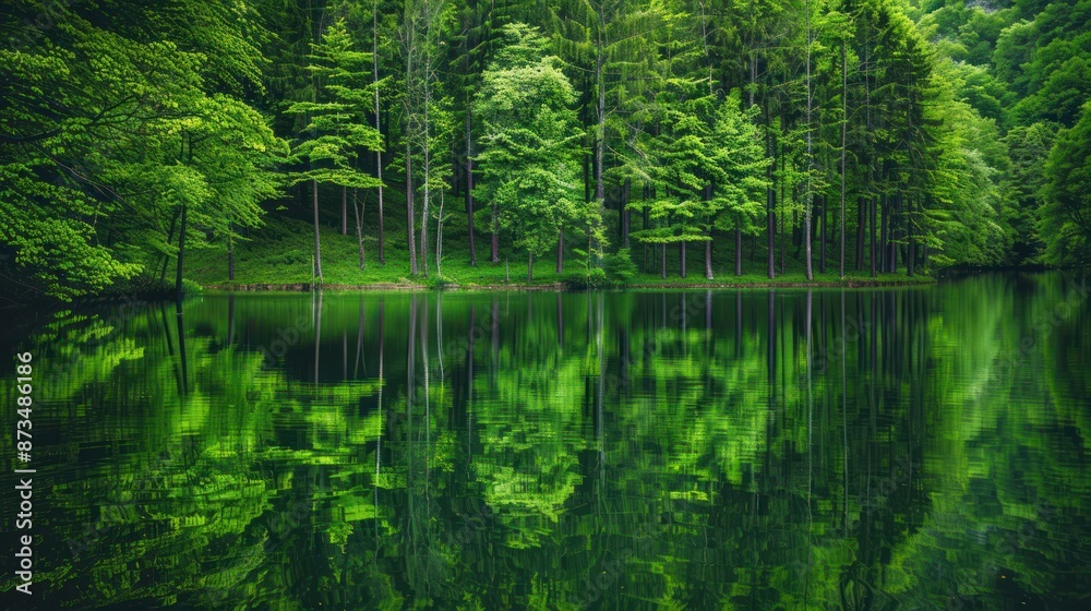 Tranquil Reflection of a Lush Forest in a Still Lake Tranquil Reflection of a Lush Forest in a Still Lake