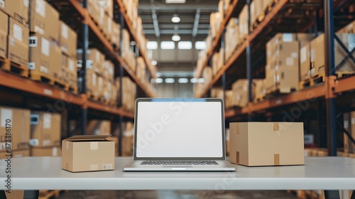 Online ecommerce store mockup, dropshipping business website concept. Table with laptop computer mock up blank white screen and shipping boxes, retail marketplace, warehouse delivery background. 