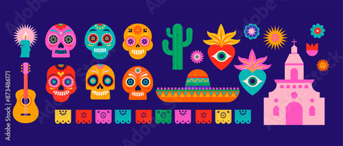 Day of the Dead, Dia de los Muertos, Collection of elements, icons for Mexican holiday. Vector poster, banner and card in modern geometrical style, with skulls, church, guitar and flowers