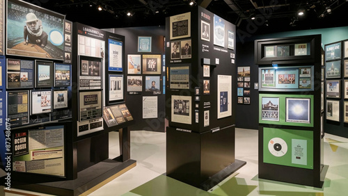 arafed display of various framed photographs and photographs in a museum