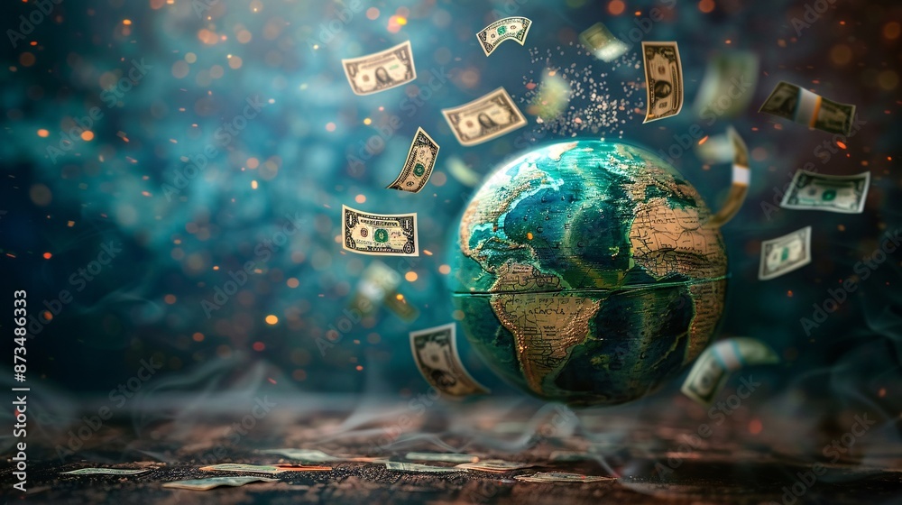 Fototapeta premium Global Finance Concept with Floating Dollar Bills
