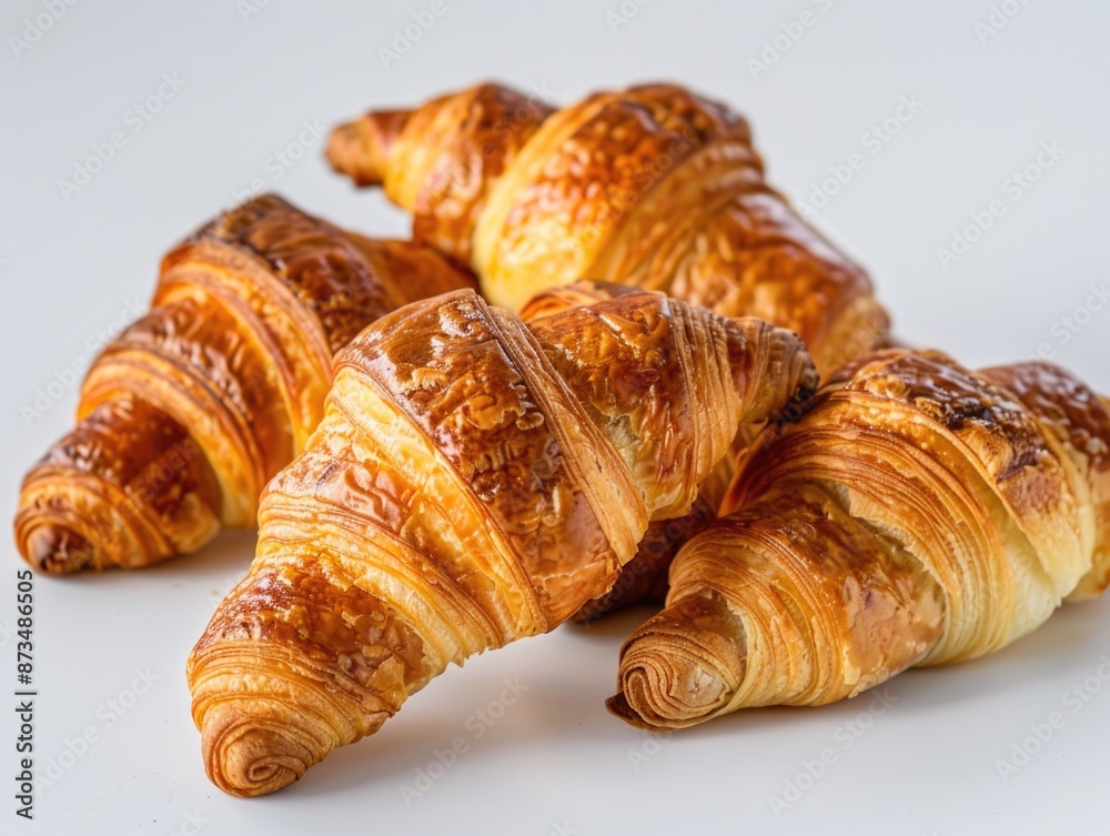 A stack of croissants with a golden brown crust. The croissants are arranged in a neat pile on a white background A stack of croissants with a golden brown crust. The croissants are arranged in a neat pile on a white background