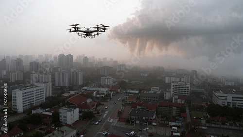 a small plane flying over a city with a smoke cloud in the background