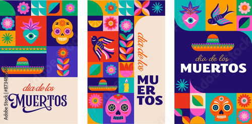 Day of the Dead, Dia de los Muertos, Mexican holiday. Vector poster, banner and card in modern geometrical style, with skulls, church, guitar and flowers