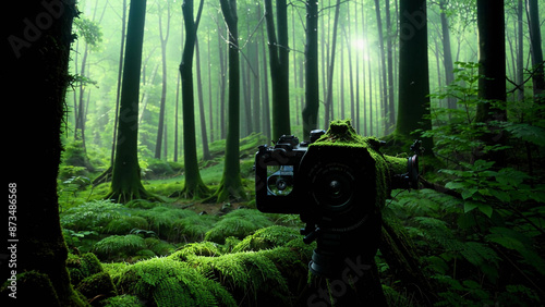 a camera that is sitting on a tripod in the woods