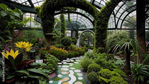 a walkway in a garden with lots of plants
