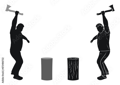 Man woodcutter with an ax in his hands, black silhouette