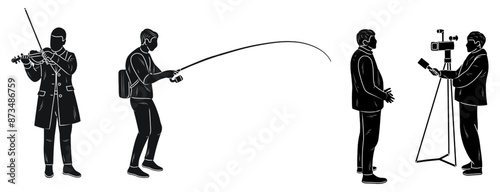 Violinist, fisherman, sports journalist, trophy, responder, silhouette sketch