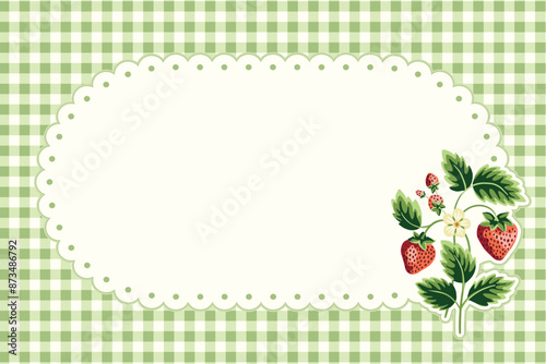 Cottage Core Garden Strawberry and Gingham Vector Frame. Vintage Invitation Design With Nostalgic Retro Design. Fresh Summer Fruit Background