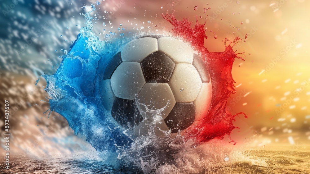 Naklejka premium A soccer ball is in the water, surrounded by a splash of red, blue, and white