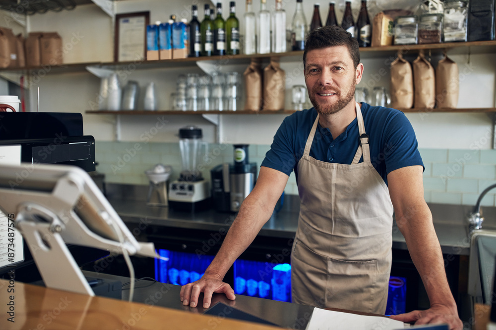 Barista, man or smile on portrait at counter for customer service, hospitality or coffee shop startup. Small business, waiter or happy server at cafe with ready to welcome, bistro management or pride Barista, man or smile on portrait at counter for customer service, hospitality or coffee shop startup. Small business, waiter or happy server at cafe with ready to welcome, bistro management or pride