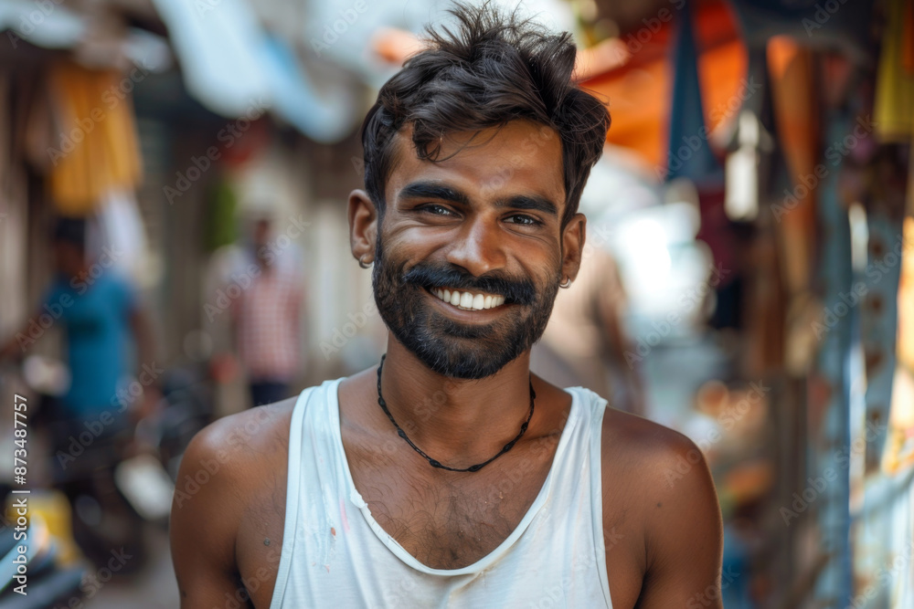 Indian handsome man smiling, singlet Indian handsome man smiling, singlet
