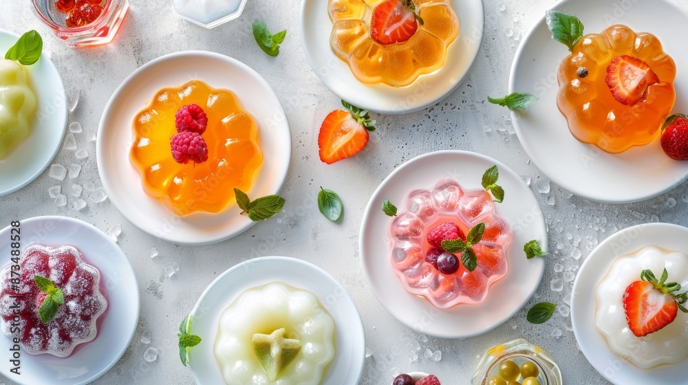 Assorted cream pudding or panna cotta on white plates. Assorted cream pudding or panna cotta on white plates.