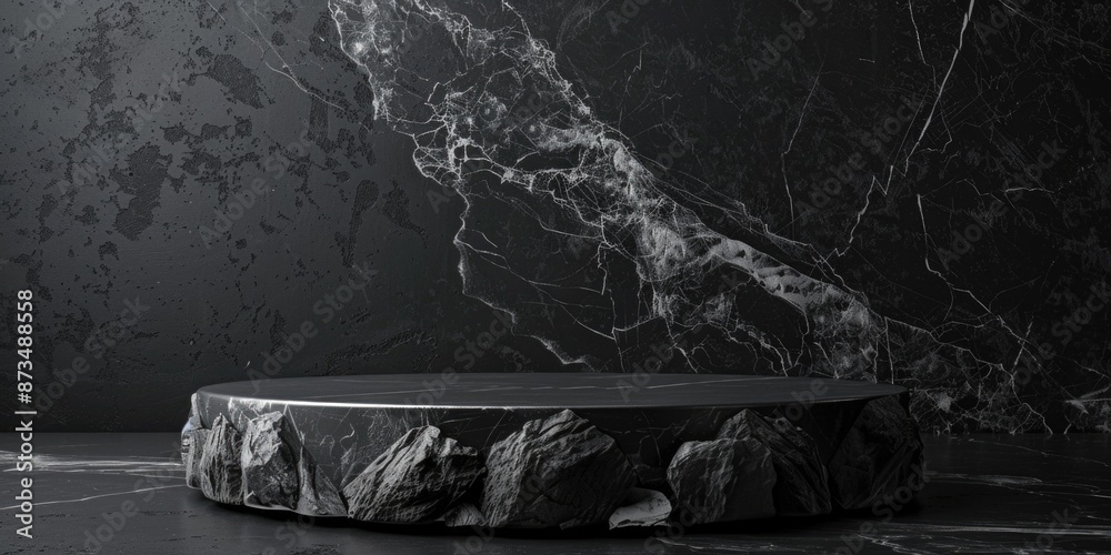 A black stone pedestal with a black marble top A black stone pedestal with a black marble top
