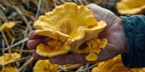 A hand is holding a bunch of yellow mushrooms. The mushrooms are large and have a distinct shape