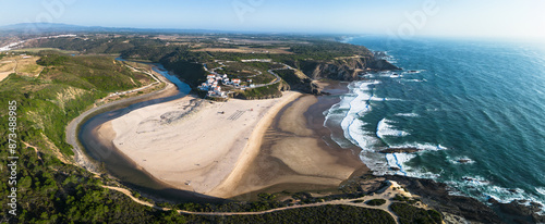 Aerial panorama Praia de Odeceixe beach in Vicentine Coast Nature Park, Algarve, Portugal photo