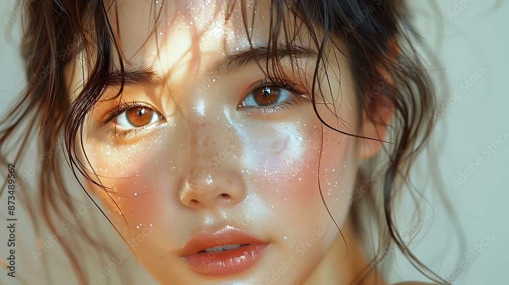 Close-up portrait of young Asian beautiful woman with K-beauty make up style and healthy and perfect skin isolated on beige background for skincare commercial product advertising. Close-up portrait of young Asian beautiful woman with K-beauty make up style and healthy and perfect skin isolated on beige background for skincare commercial product advertising.