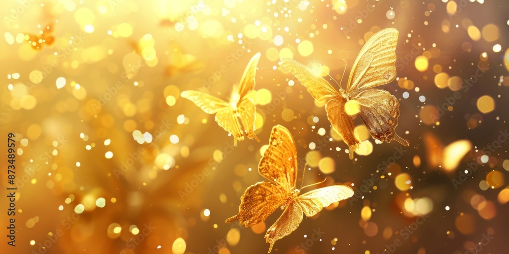 Golden butterflies on a shimmering bokeh background, warm golden tones, soft focus, dreamy and enchanting ambiance, high detail, photorealistic, artistic Golden butterflies on a shimmering bokeh background, warm golden tones, soft focus, dreamy and enchanting ambiance, high detail, photorealistic, artistic