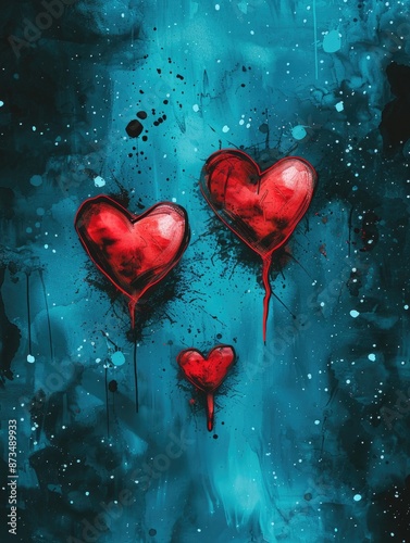 Three hearts are painted on a blue background with red paint dripping from them. The painting has a mood of sadness and loss, as the hearts are falling apart
