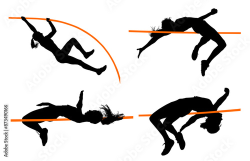 atletas, siluetas, salto, pertiga, deporte, vectores, salto de altura, pole, salto