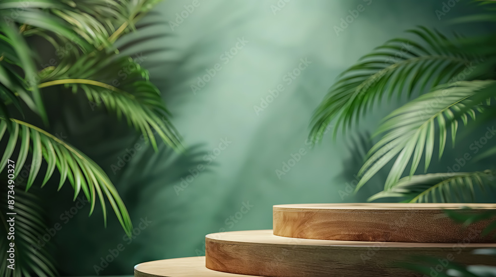 A wooden podium with green background , adorned by palm leave A wooden podium with green background , adorned by palm leave