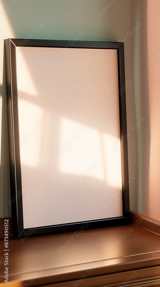 A vertical model of a picture frame mounted on a dresser, illuminated by natural light from a neighboring window A vertical model of a picture frame mounted on a dresser, illuminated by natural light from a neighboring window