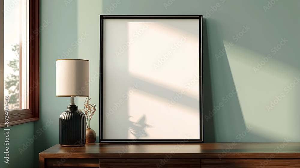 A vertical model of a picture frame mounted on a dresser, illuminated by natural light from a neighboring window A vertical model of a picture frame mounted on a dresser, illuminated by natural light from a neighboring window