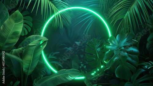 Green circular neon light with tropical leaves 