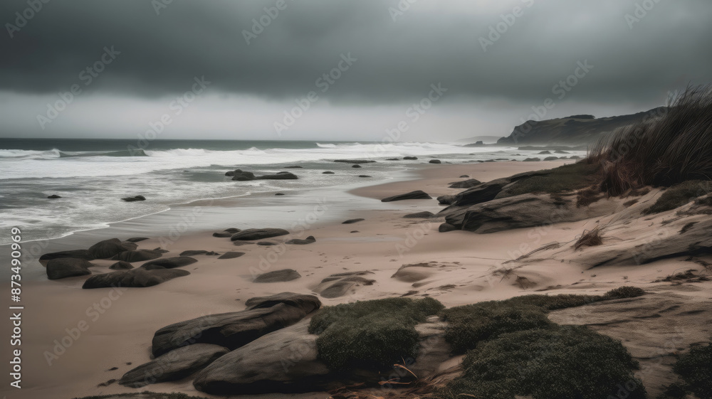 A beach with rocks and waves on a cloudy day creates a picturesque scene blending water, sky, and coastal landscape elements harmoniously A beach with rocks and waves on a cloudy day creates a picturesque scene blending water, sky, and coastal landscape elements harmoniously