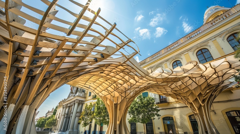 Obraz premium A modern, unique umbrella-shaped structure stands in the sunny city of Seville, Spain.