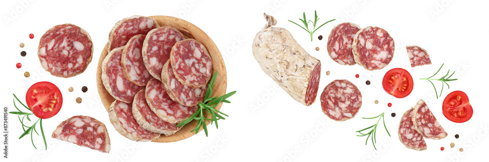 Cured salami sausage in wooden bowl isolated on white background. Italian cuisine with full depth of field. Top view. Flat lay.
