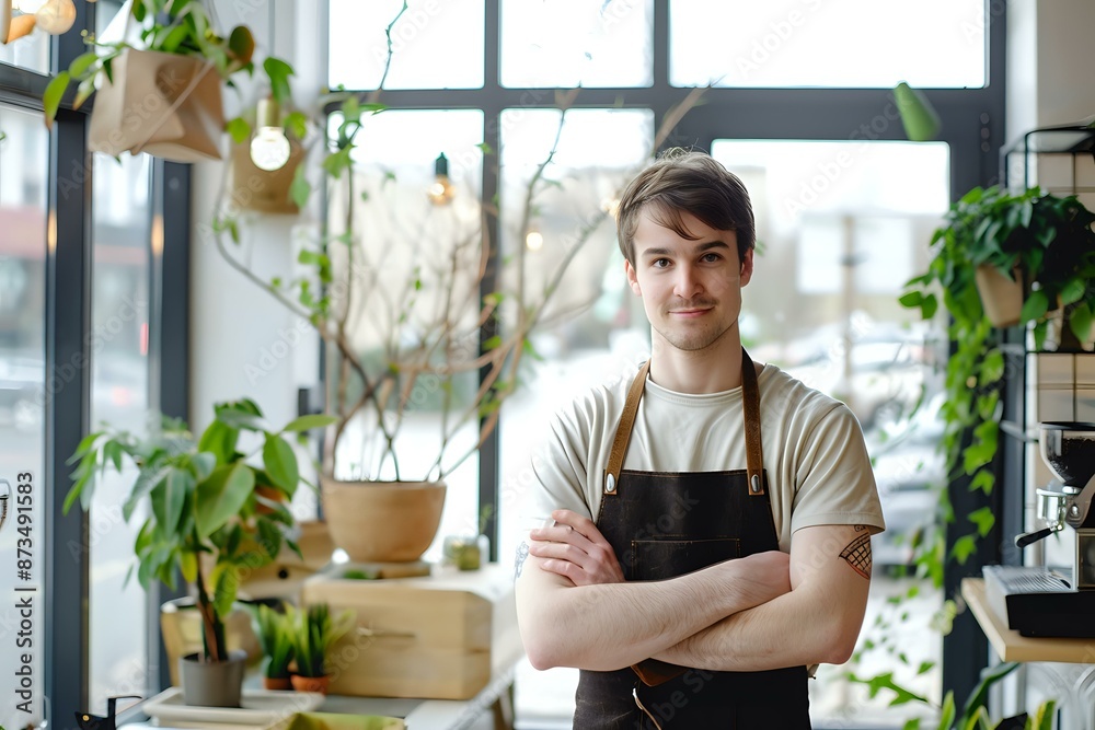 Confident young man in an apron standing in a modern plant shop, surrounded by greenery. Ideal for business promotions, gardening blogs, and retail advertisements. Confident young man in an apron standing in a modern plant shop, surrounded by greenery. Ideal for business promotions, gardening blogs, and retail advertisements.