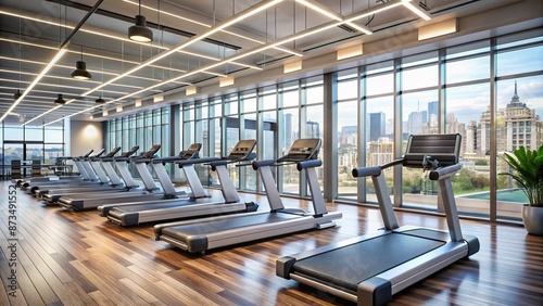 Modern gym interior with sleek treadmills, exercise equipment, and contemporary decor, ready for a group fitness class, conveying energy and motivation for a healthy lifestyle. photo