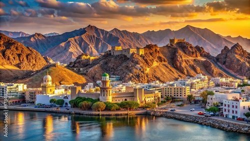 Panoramic view of Muscat's majestic skyline, set against a dramatic coastal and mountainous backdrop, with modern architecture blended seamlessly with ancient forts.