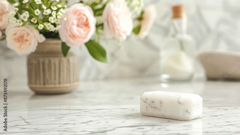 Marble bathroom countertop with soap and flower vase Marble bathroom countertop with soap and flower vase