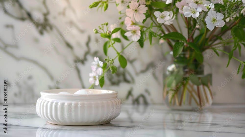 White ceramic bowl and vase with flowers on marble table White ceramic bowl and vase with flowers on marble table