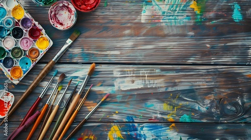 Creative art work accessories tools supplies set on messy desk, paint brushes, paintbox watercolors crayons pencils on brown wooden artistic background, back to school. Top view, flat lay, copy space.