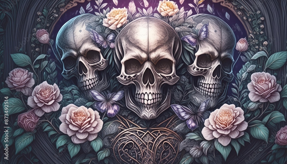Fototapeta premium Three skulls are depicted with roses and butterflies in an electric blue color on a dark background, creating a striking and symmetrical art piece