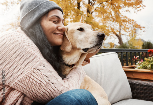Photography Woman, smile and hug with dog in outdoor for bonding, relax together and calm morning in home