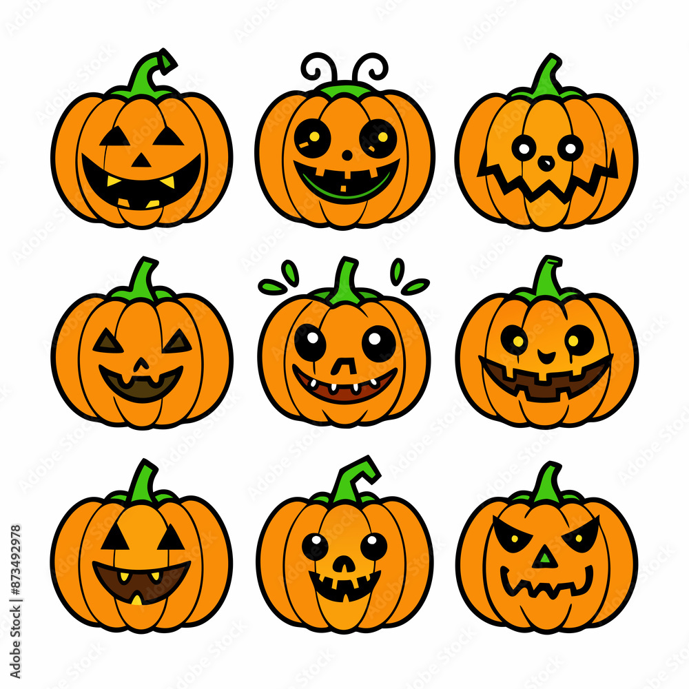 cute Nine cartoon-style jack-o'-lanterns with different facial expressions are arranged in a grid cute Nine cartoon-style jack-o'-lanterns with different facial expressions are arranged in a grid