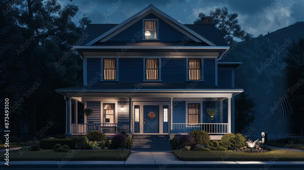 A traditional two-story house with a blue exterior, white trim, and a ...