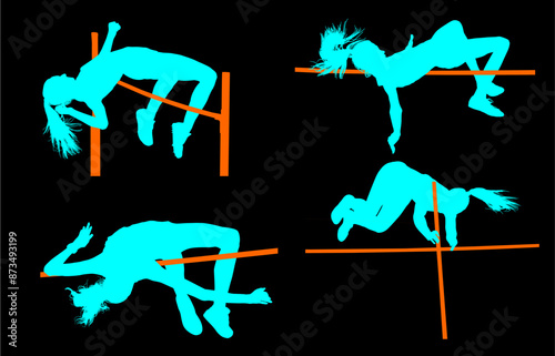 atletas, siluetas, salto, pertiga, deporte, vectores, salto de altura, pole, salto