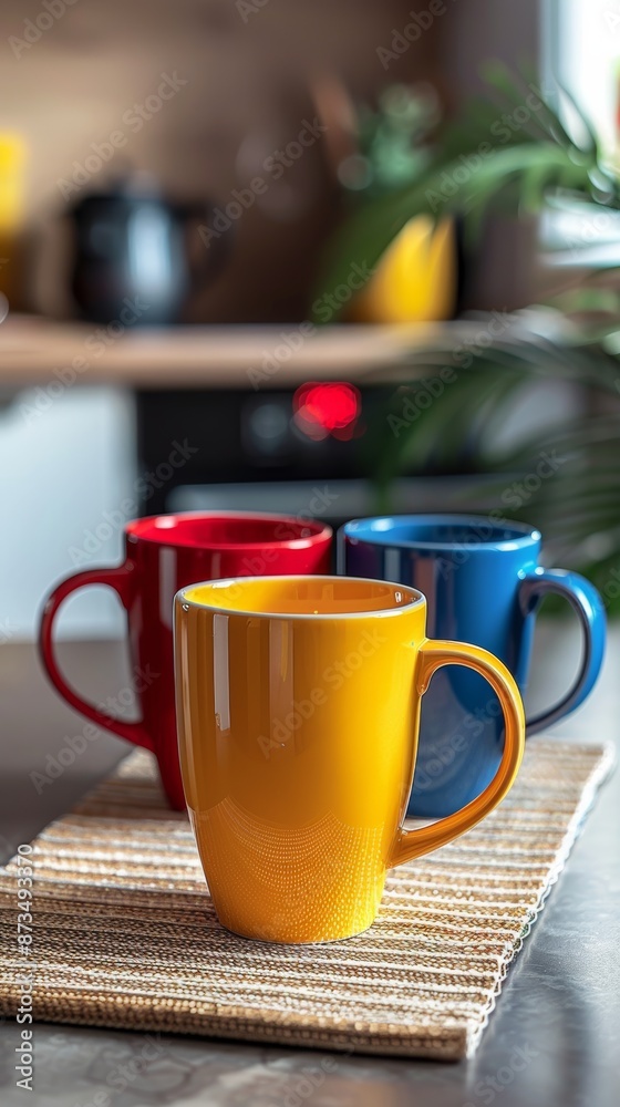 tres mugs de cafe en una composicion vertical , todos con diseños y formas diferentes, cada una con un color diferente primero la roja, despues una azul y para finalizar una amarilla, fotografia de p tres mugs de cafe en una composicion vertical , todos con diseños y formas diferentes, cada una con un color diferente primero la roja, despues una azul y para finalizar una amarilla, fotografia de p