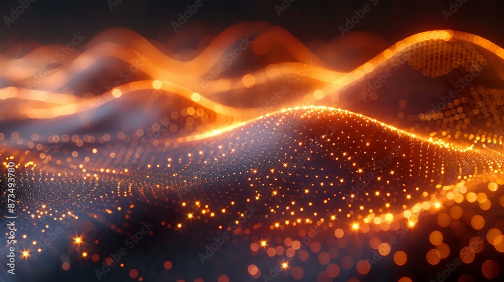 Abstract image of glowing orange and gold waves of dots, representing data flow, technology, and digital communication, perfect for themes of innovation and modern technology. Abstract image of glowing orange and gold waves of dots, representing data flow, technology, and digital communication, perfect for themes of innovation and modern technology.