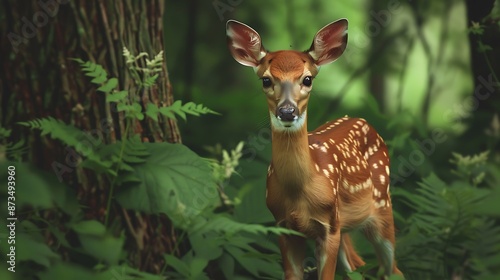 A young fawn cautiously exploring a lush green forest. © Animals