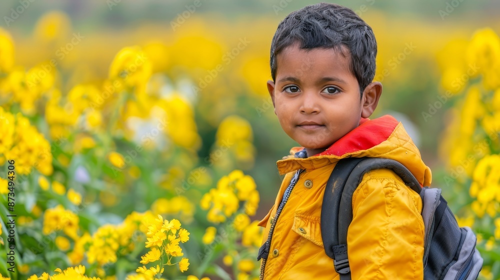 Happy indian schoolboy with backpack in rural india, focusing on child education concept Happy indian schoolboy with backpack in rural india, focusing on child education concept