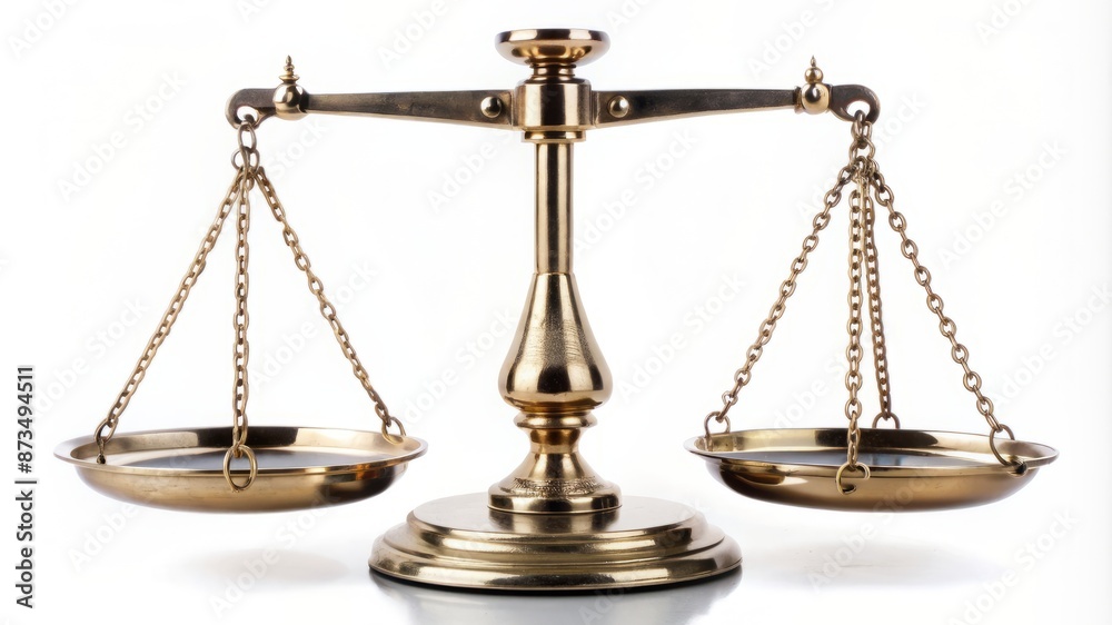 A gold scale with two plates hanging from it A gold scale with two plates hanging from it