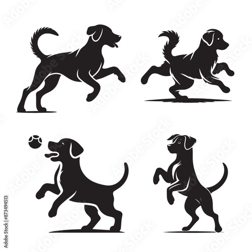 Black and White Playing Dog Illustration, Vector Dog Playing Silhouettes, Simple Dog Play Pose Illustration
