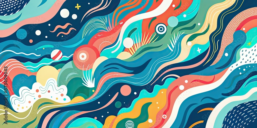 A vibrant abstract background with a blend of vivid colors like blue, green, red, and yellow, seamlessly merging in a gradient. The composition features fluid shapes such as circles, wavy lines, and c A vibrant abstract background with a blend of vivid colors like blue, green, red, and yellow, seamlessly merging in a gradient. The composition features fluid shapes such as circles, wavy lines, and c