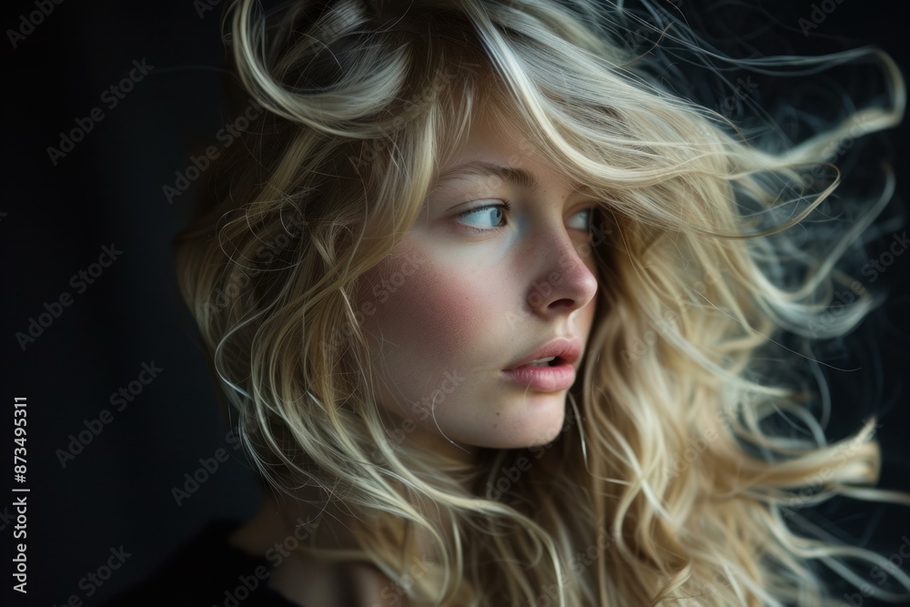 Portrait of a young woman with wind-blown blond hair, exuding depth and serenity Portrait of a young woman with wind-blown blond hair, exuding depth and serenity